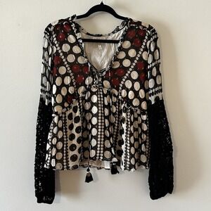 Verb Pallavi Singhee Crochet Peasant Blouse Babydoll Top Polka Dot Tie Front‎ M